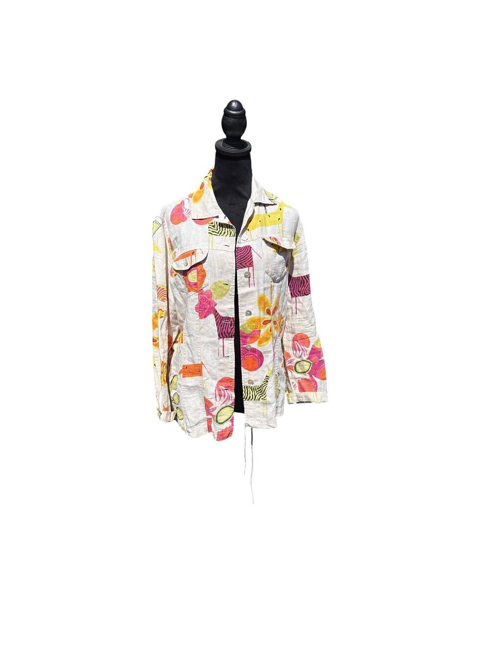 Chico's 100% Linen Pop Art Print Button Front Jacket Blouse Size 1